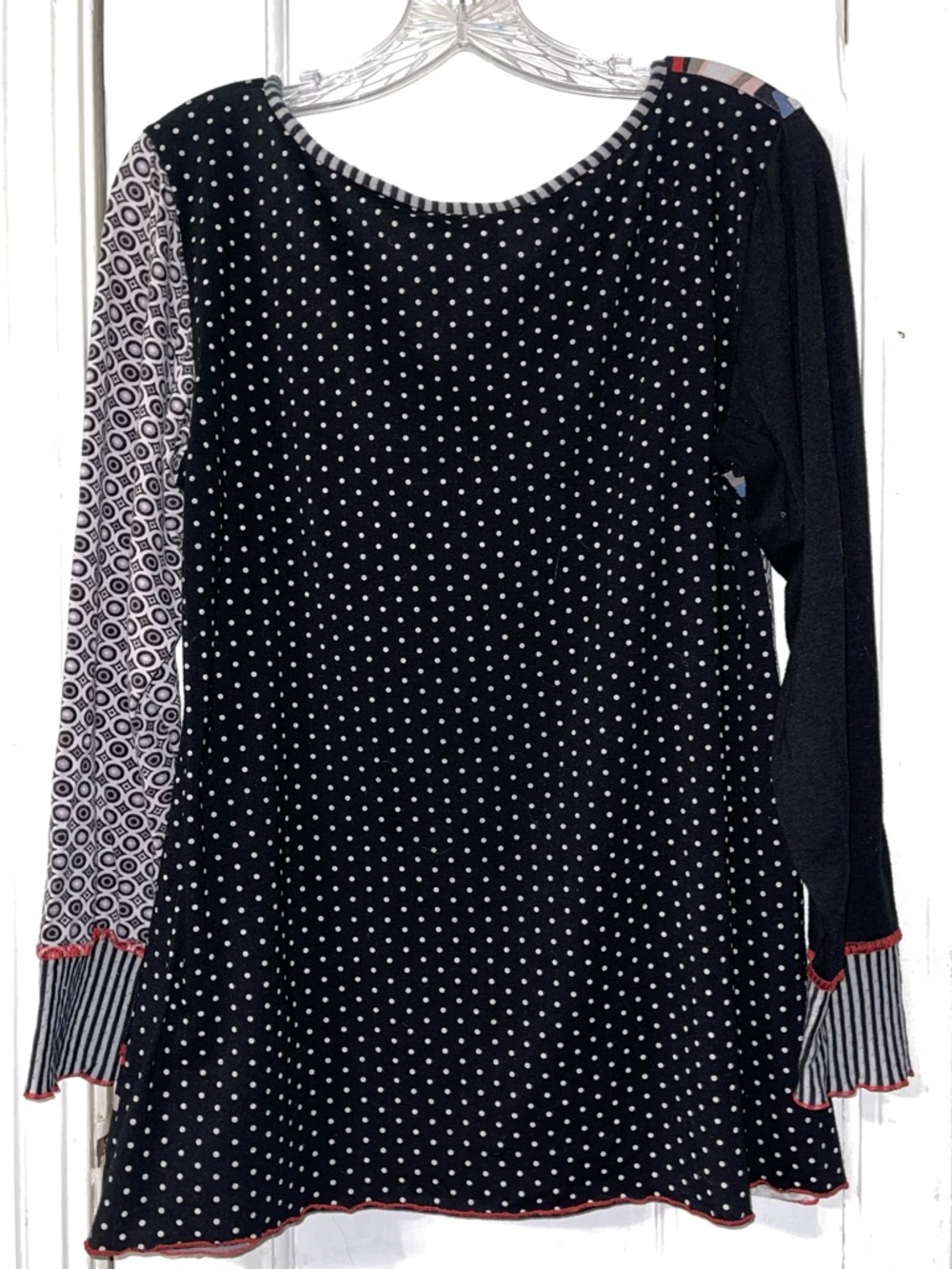 Mixed-Print Scoop Neck Long Sleeve Top - Black/White with Red Accents - Picture 5 of 7